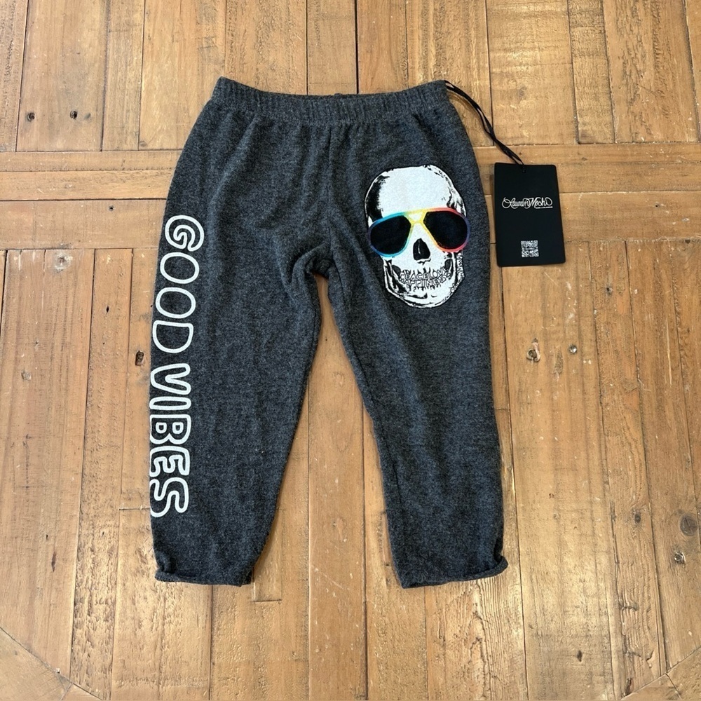 Lauren Moshi Good Vibes Skull Charcoal Cropped Sweatpants Kids 4T New Skull